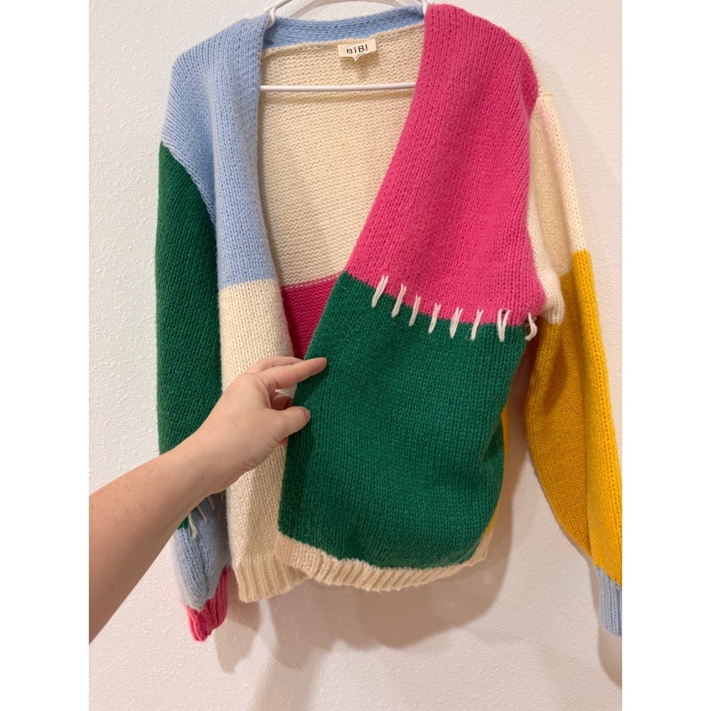 BiBi Kidcore Cardigan M Colorblock Patchwork Knit Dopamine Dressing Boho Sweater - Picture 6 of 14